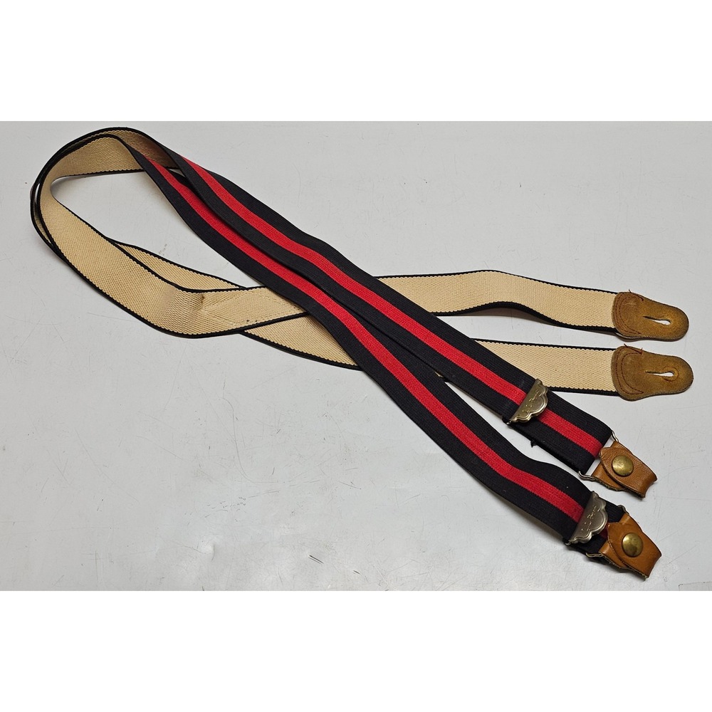 LL Bean Vintage Suspenders Mens Navy Red Striped Tan Y-Back Leather Button Tabs